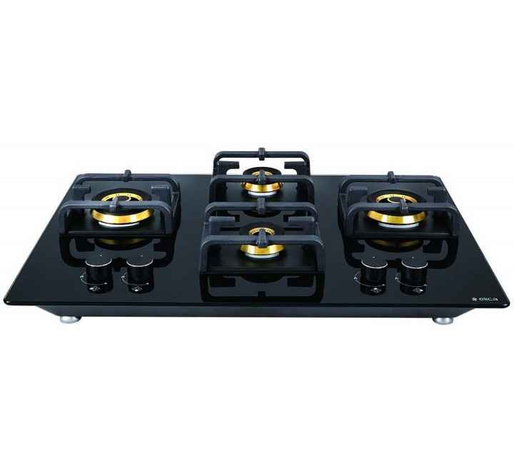 Elica Stainless Steel Hob 4 Burner Auto Ignition Glass Top - 2 Mini Triple Ring and 2 Double Ring Brass Burner Black (FLEXIPROFB 4B 70MTDX)
